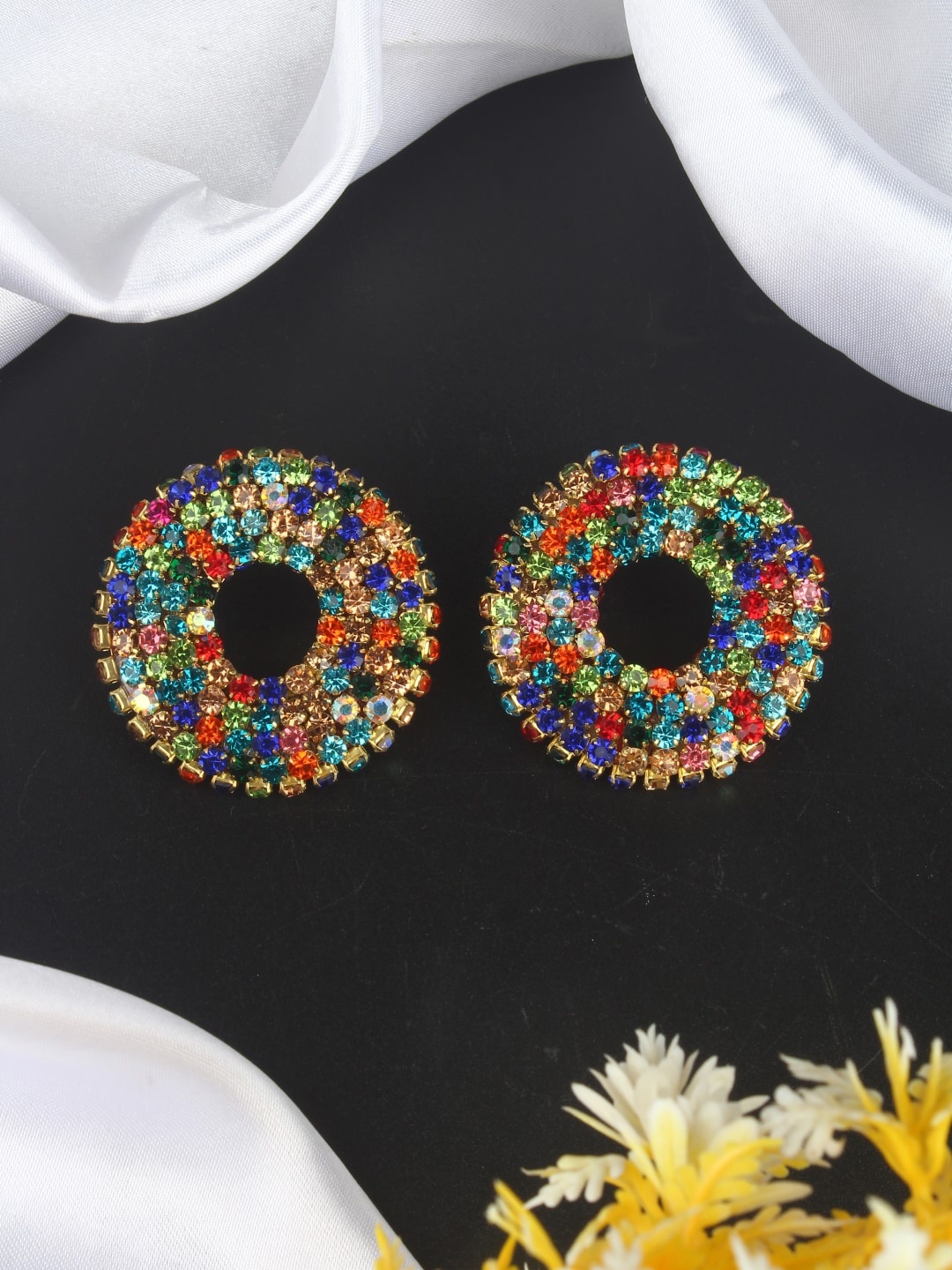 

DressBerry Green & Red Contemporary Stone Studded Studs Earrings, Gold