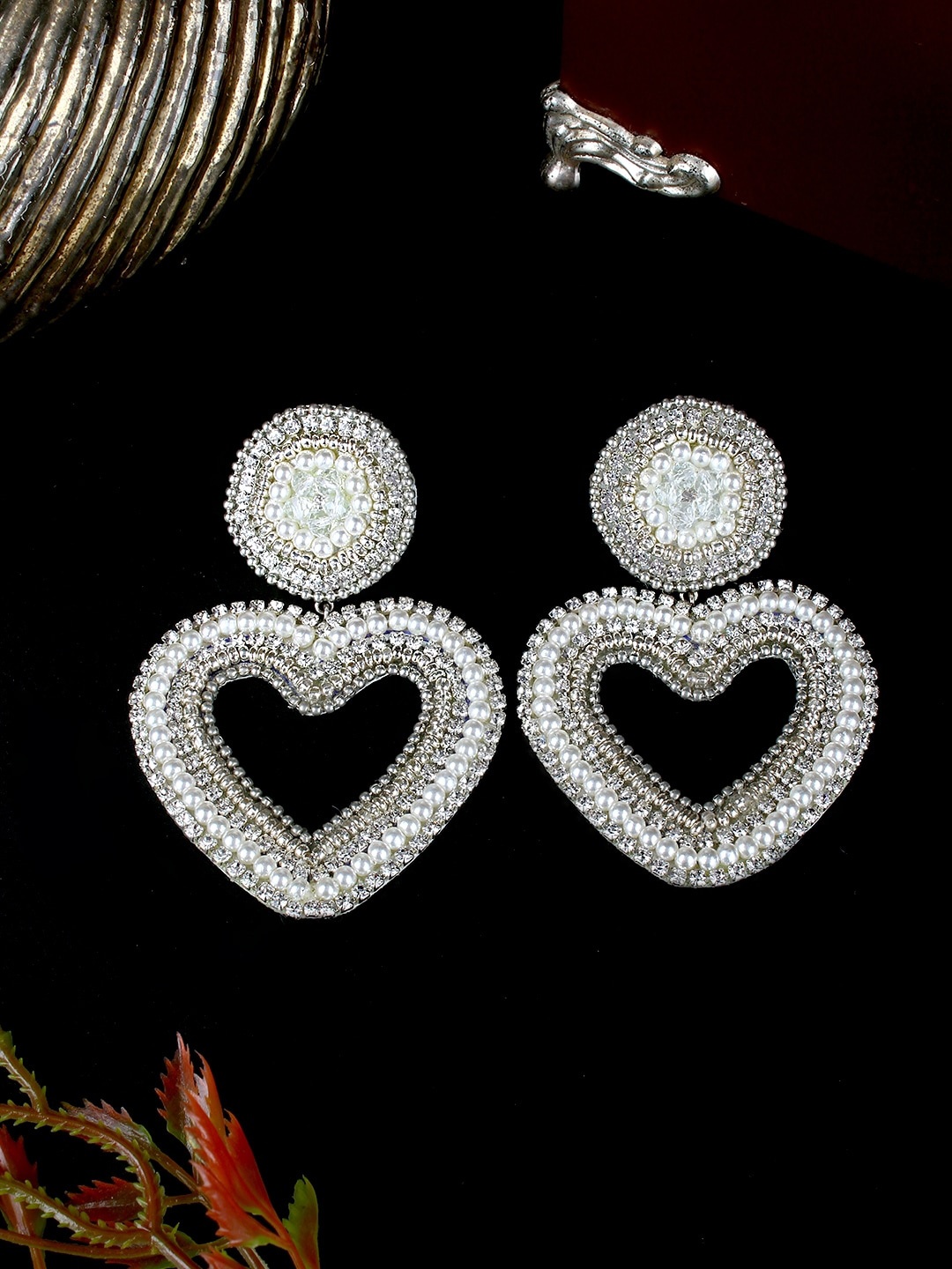 

DressBerry Silver-Plated Stone-Studded Heart Shaped Drop Earrings