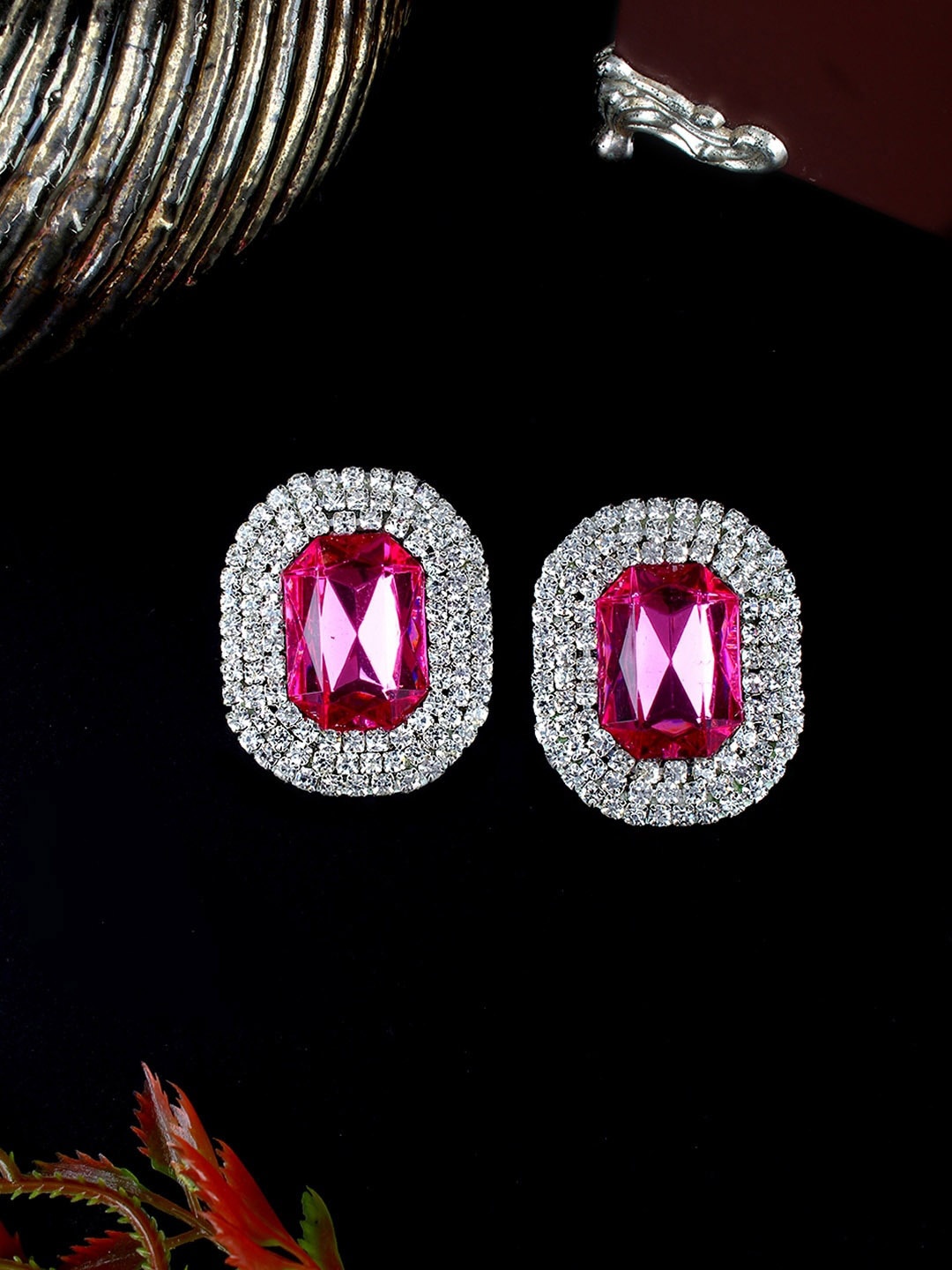 

DressBerry Pink Stone Studded Silver-Plated Contemporary Studs Earrings