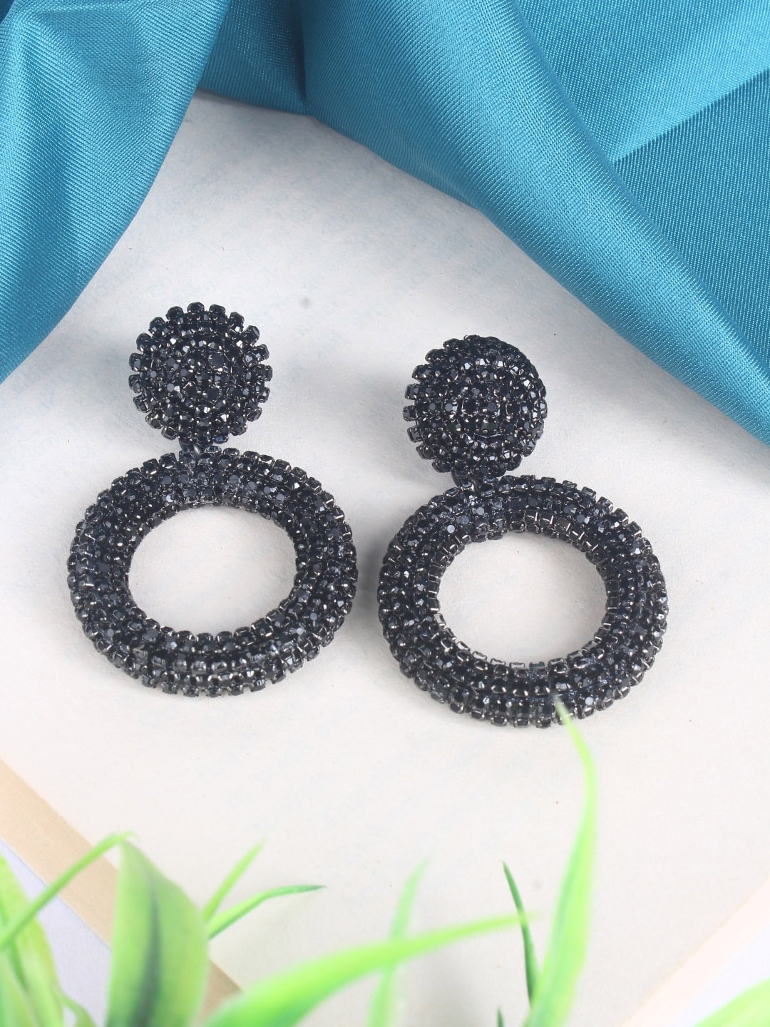 

DressBerry Silver Toned & Black Rhinestone Plated Drop Earrings
