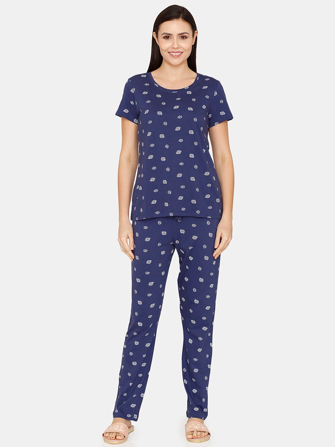 

Zivame Floral Printed Pure Cotton T-Shirt & Pyjama, Blue