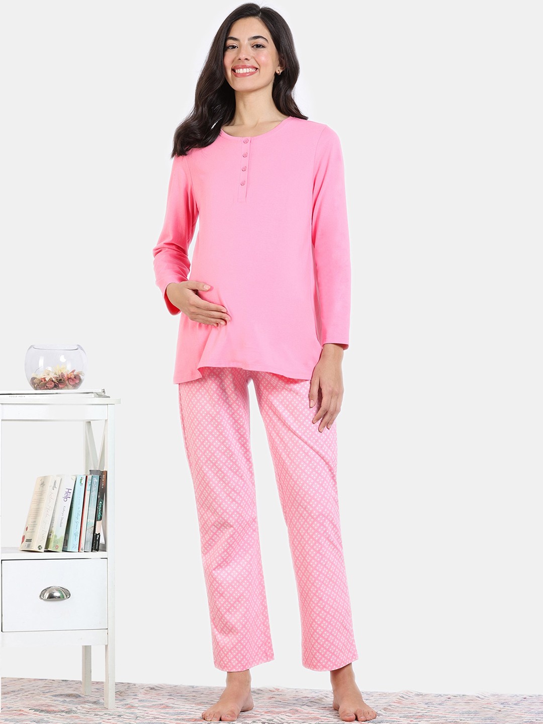 

Zivame Round Neck Pure Cotton Maternity T-Shirt & Pyjama, Pink