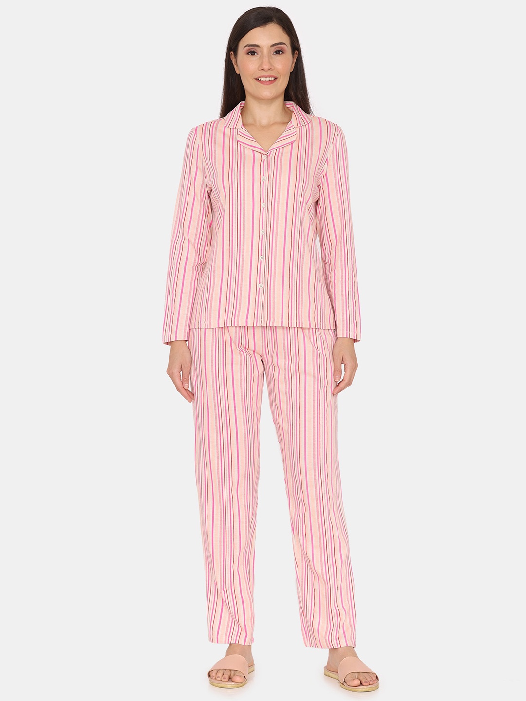 

Zivame Striped Lapel Collar Pure Cotton Shirt & Pyjama, Pink