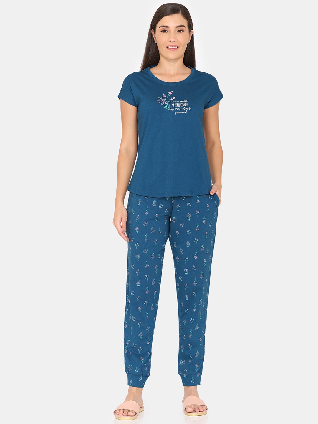 

Zivame Floral Printed Pure Cotton Night suit, Blue
