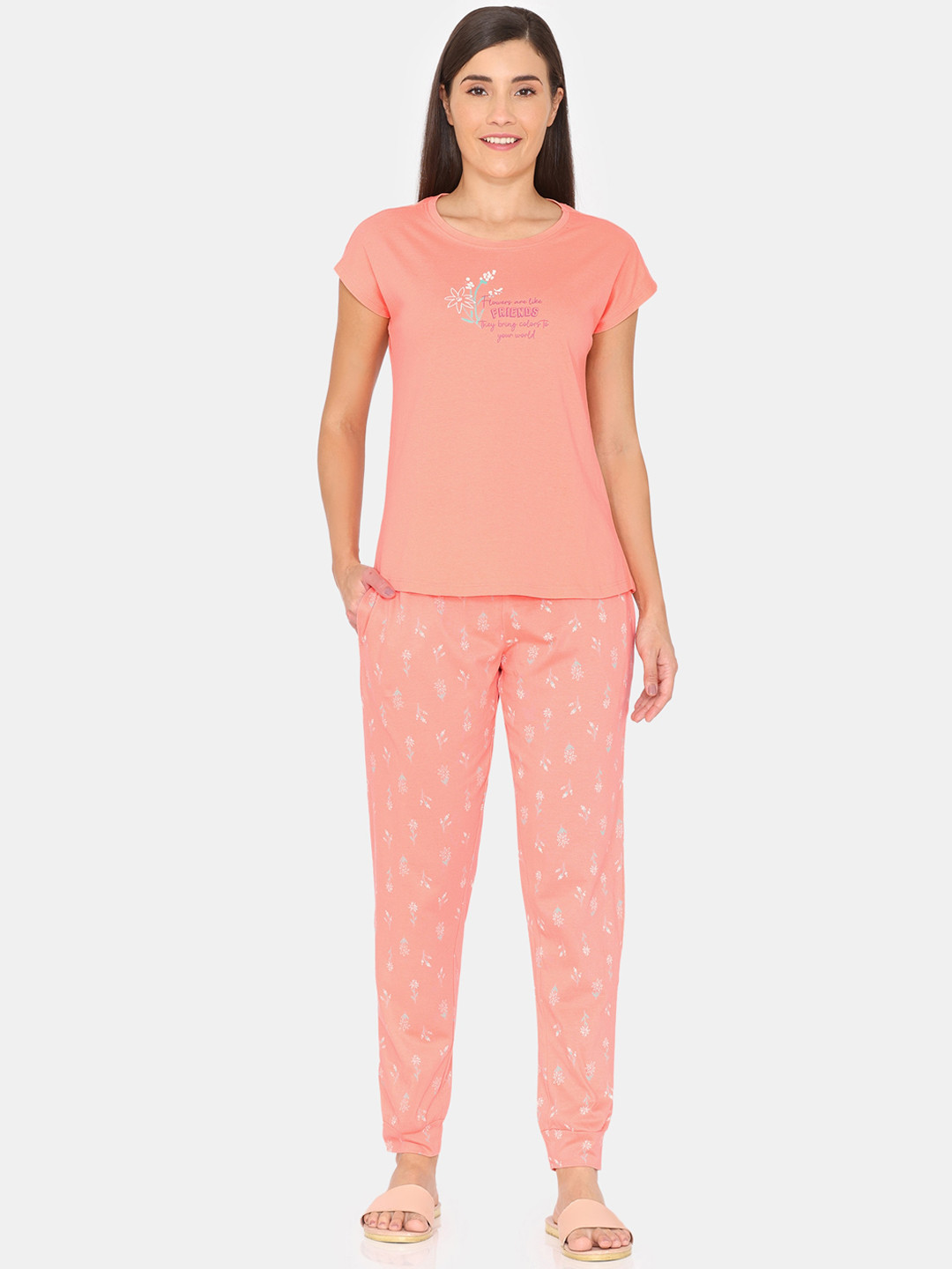 

Zivame Floral Printed Pure Cotton Night suit, Pink