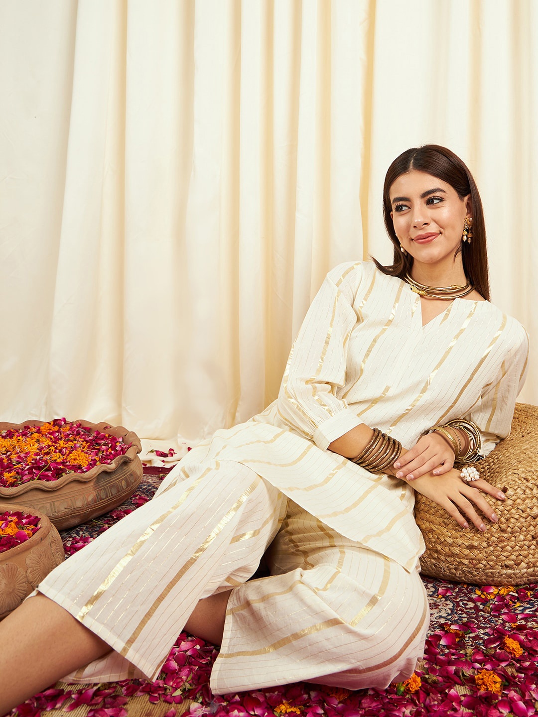 

Anouk Off-White Striped Straight Thread Work Pure Cotton Kurta with Trousers