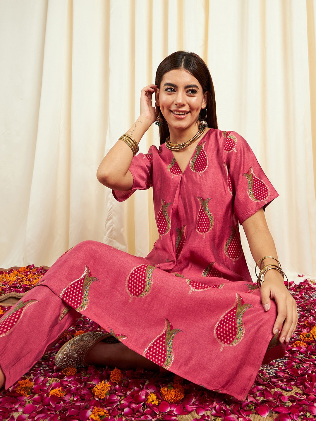 

Anouk Ethnic Motifs Printed A-Line Thread Work Chanderi Silk Kurta with Trousers, Peach