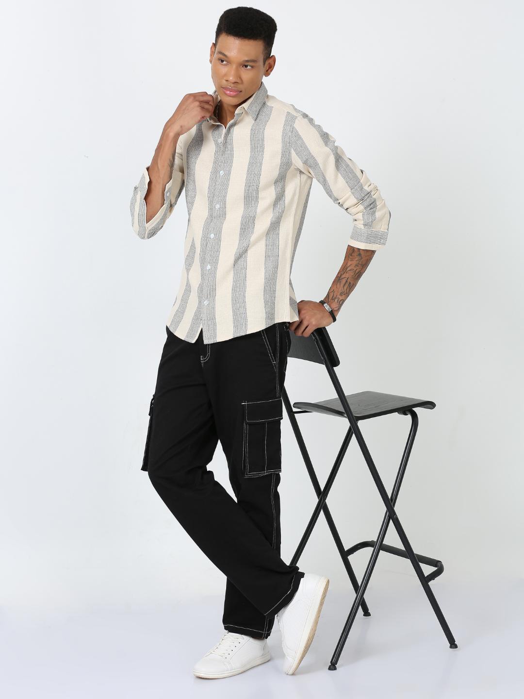 

FLY 69 Premium Slim Fit Vertical Stripes Casual Shirt, Off white