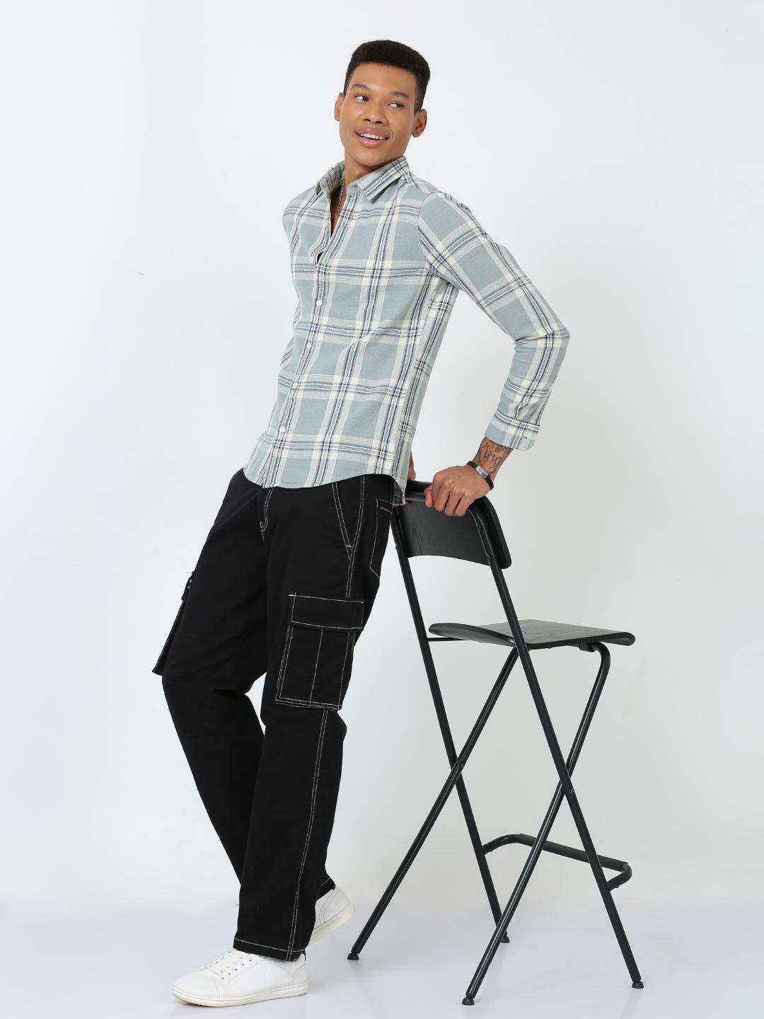 

FLY 69 Premium Slim Fit Tartan Checked Spread Collar Cotton Linen Casual Shirt, Blue