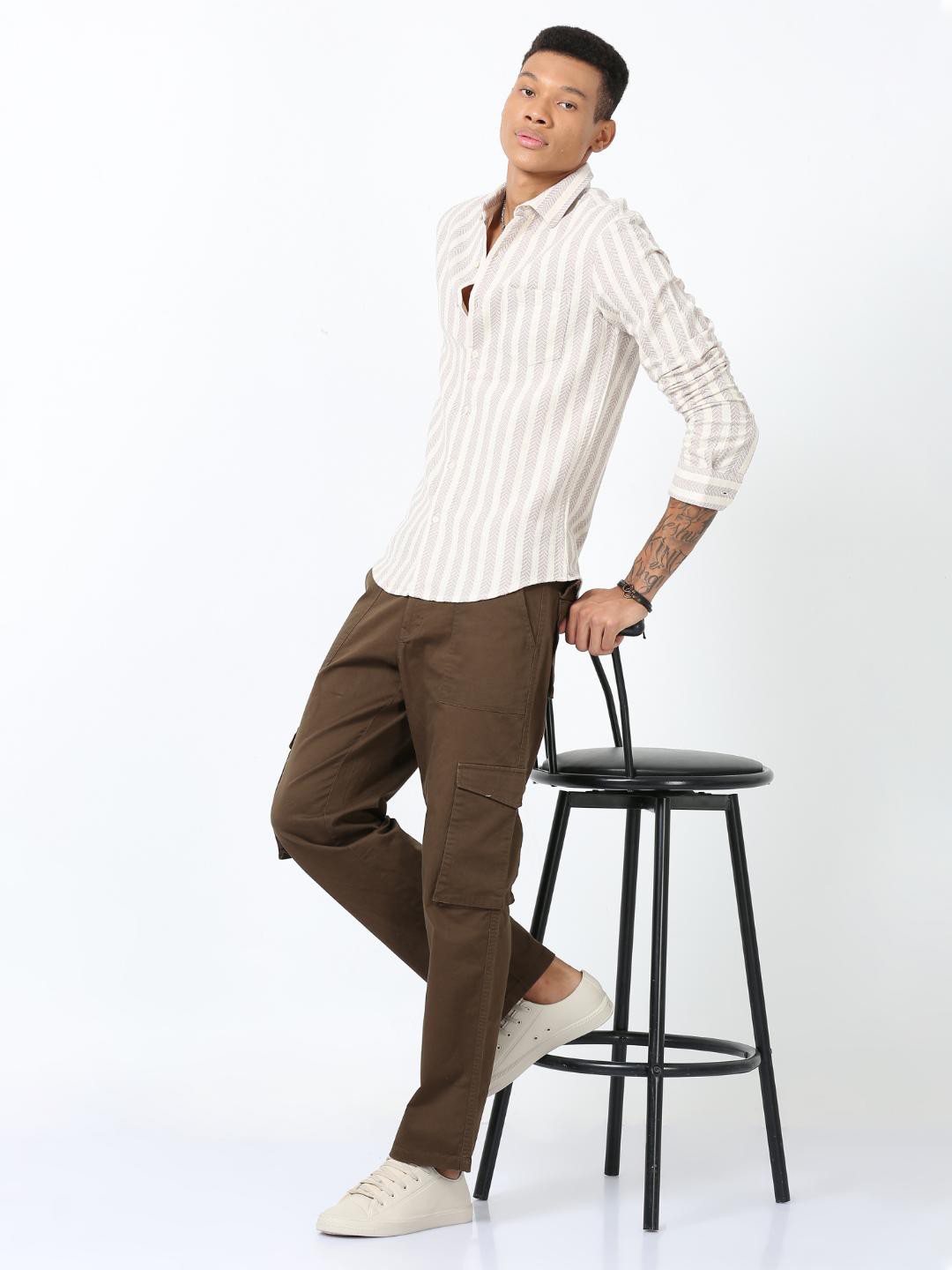 

FLY 69 Premium Slim Fit Vertical Striped Spread Collar Jute Cotton Casual Shirt, Off white