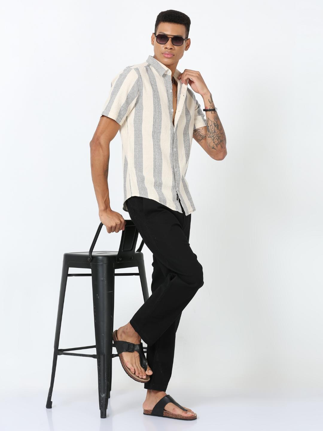 

FLY 69 Premium Slim Fit Striped Casual Shirt, Off white