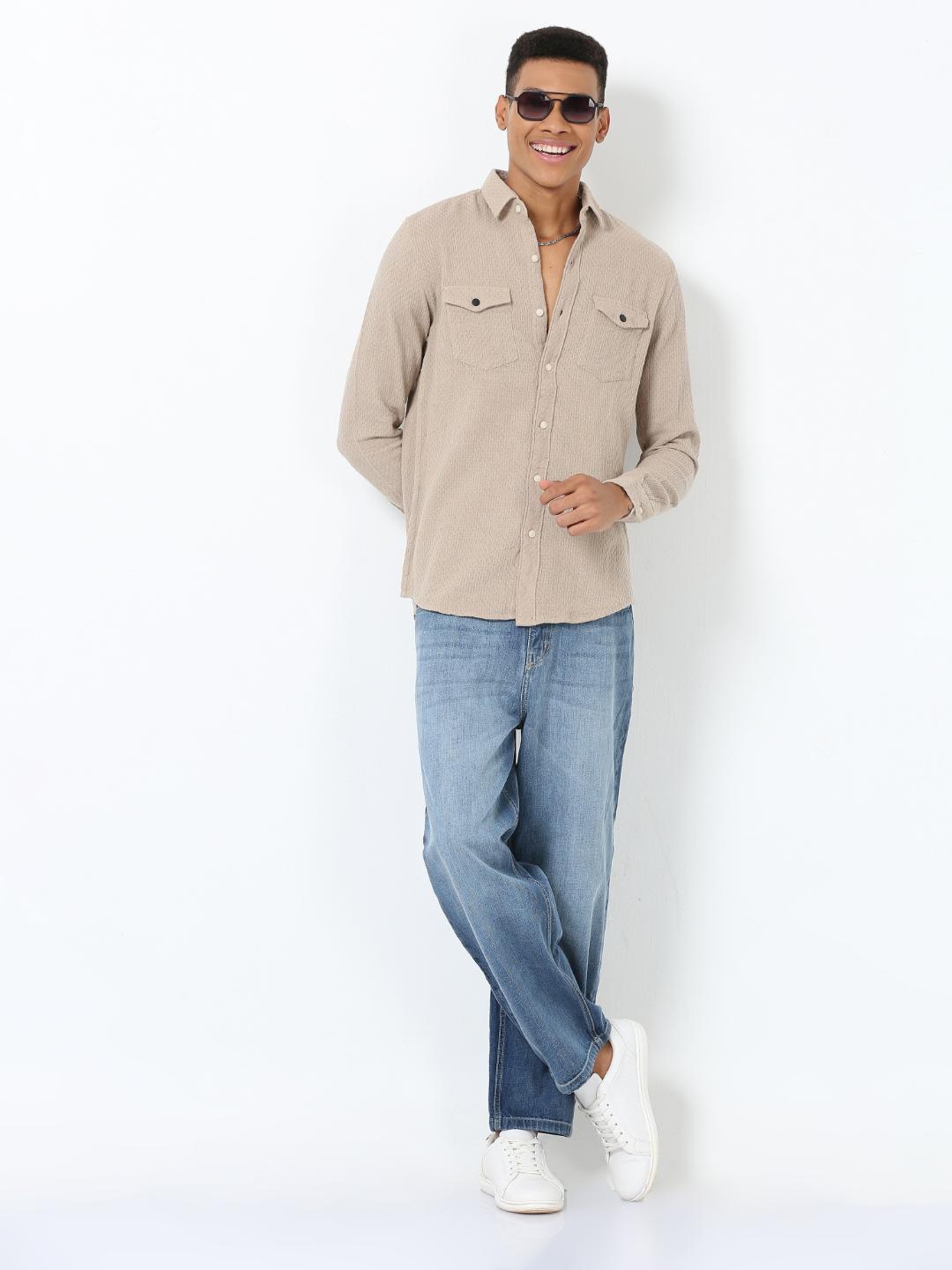 

FLY 69 Premium Slim Fit Spread Collar Casual Shacket, Beige
