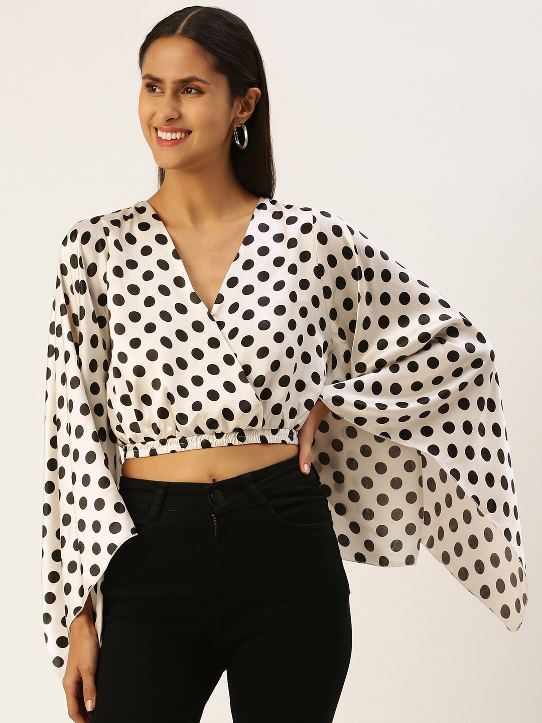 

ROVING MODE Polka Dot Printed Puff Sleeve Satin Wrap Crop Top, White
