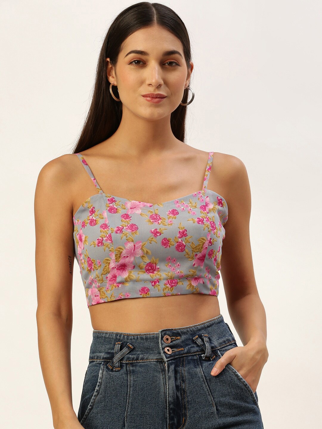 

ROVING MODE Floral Printed Shoulder Straps Georgette Styled Back Crop Top, Grey