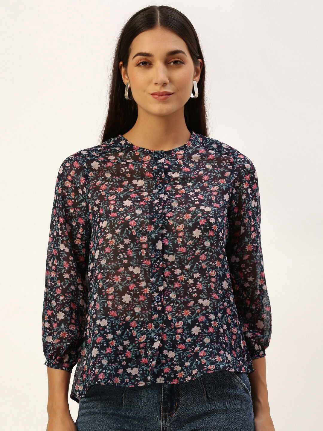 

ROVING MODE Floral Printed Puff Sleeve Georgette Shirt Style Top, Navy blue