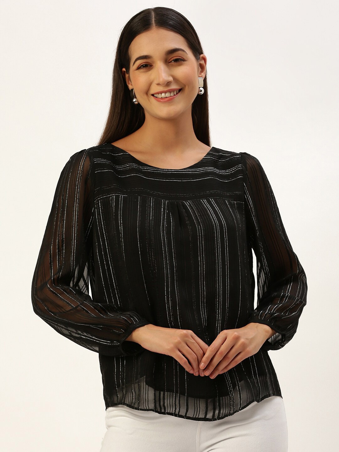 

ROVING MODE Vertical Striped Georgette Top, Black