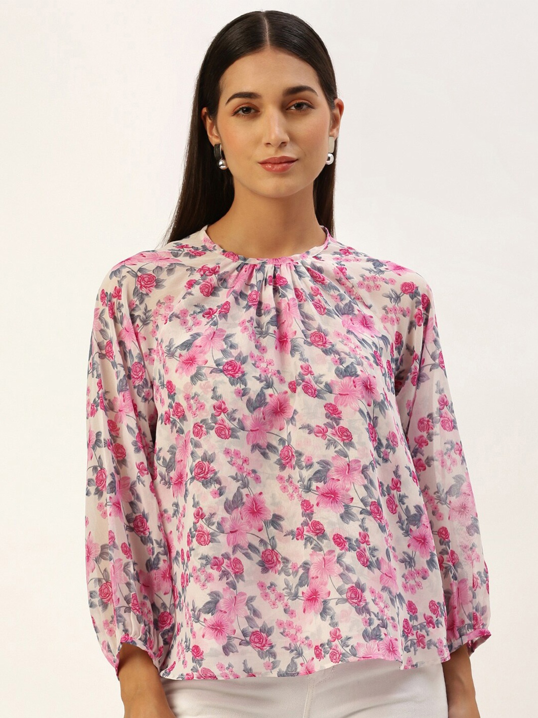 

ROVING MODE Floral Printed Georgette Top, White