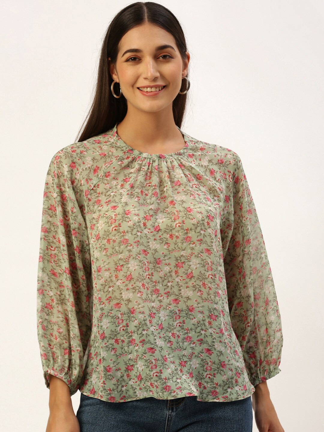 ROVING MODE Floral Printed Puff Sleeves Georgette Top, Green