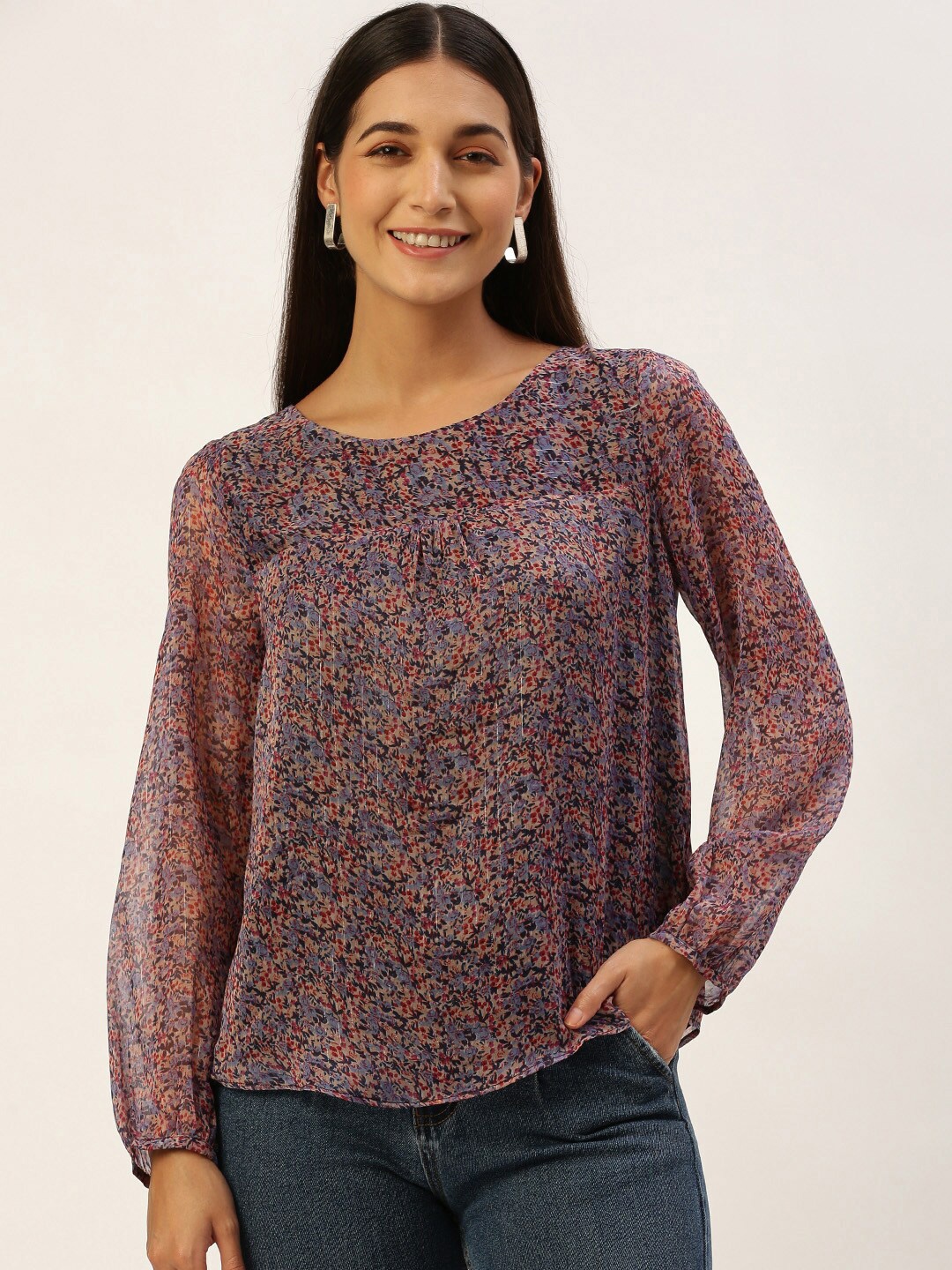 

ROVING MODE Floral Printed Puff Sleeve Georgette Top, Purple