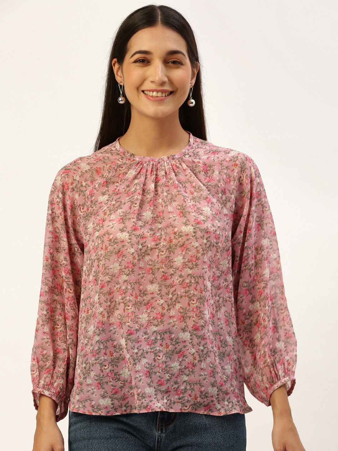 

ROVING MODE Floral Printed Georgette Top, Pink