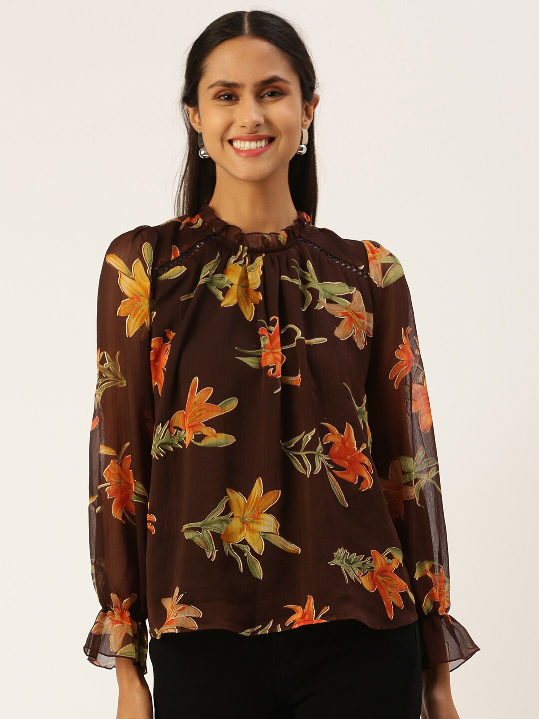 

ROVING MODE Floral Printed Puff Sleeve Georgette Top, Coffee brown