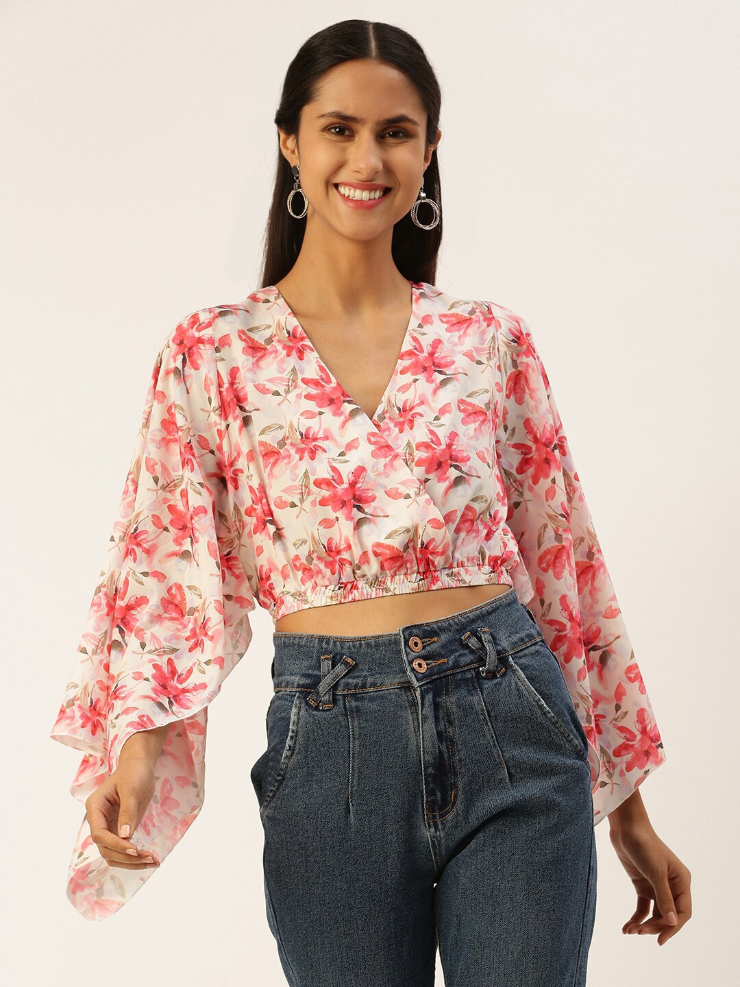

ROVING MODE Floral Printed V-Neck Flared Sleeve Satin Wrap Crop Top, Pink