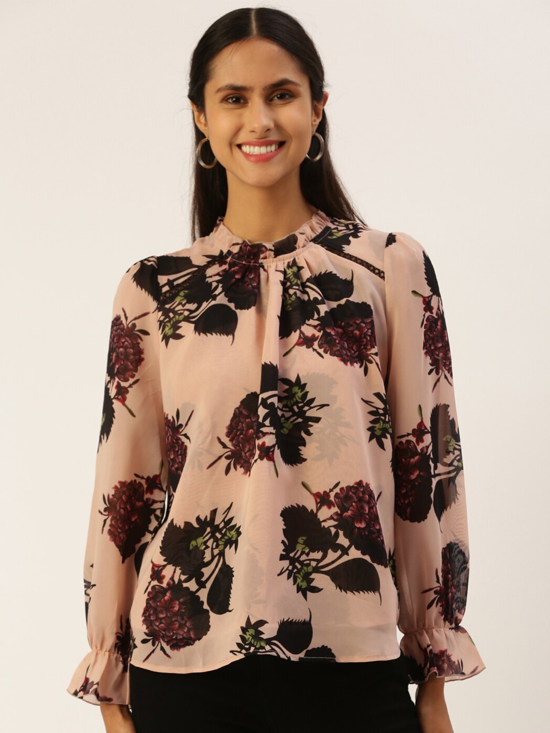

ROVING MODE Floral Printed Puff Sleeve Georgette A-Line Top, Champagne