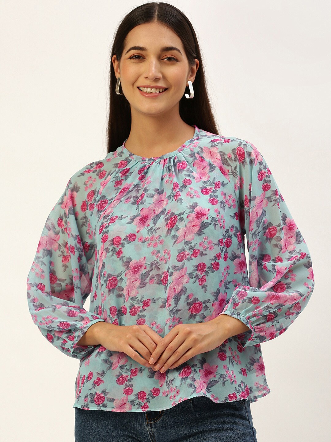 ROVING MODE Floral Printed Keyhole Neck Georgette Top, Blue