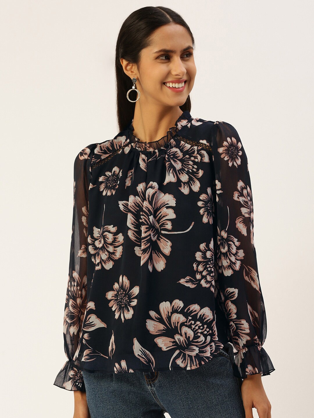 

ROVING MODE Floral Printed Tie-Up Neck Puff Sleeve Georgette Top, Black