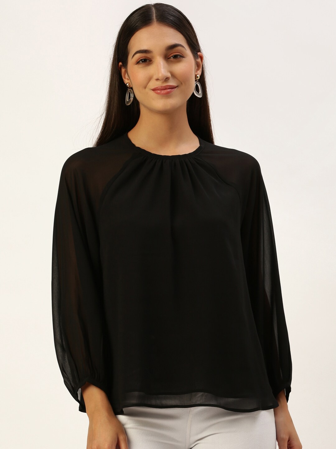

ROVING MODE Puff Sleeve Georgette A-Line Top, Black