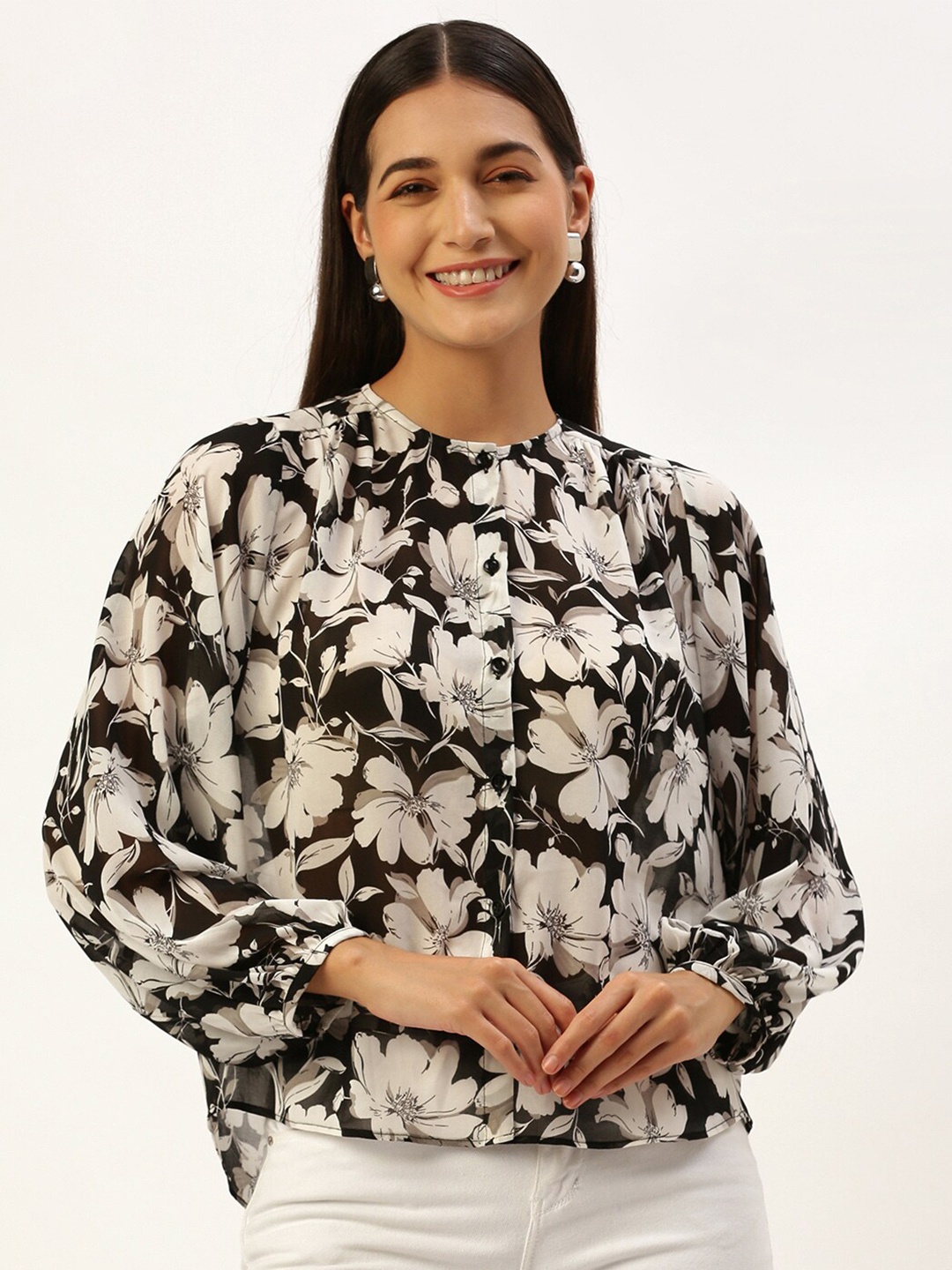 

ROVING MODE Floral Print Puff Sleeve Georgette Top, Black