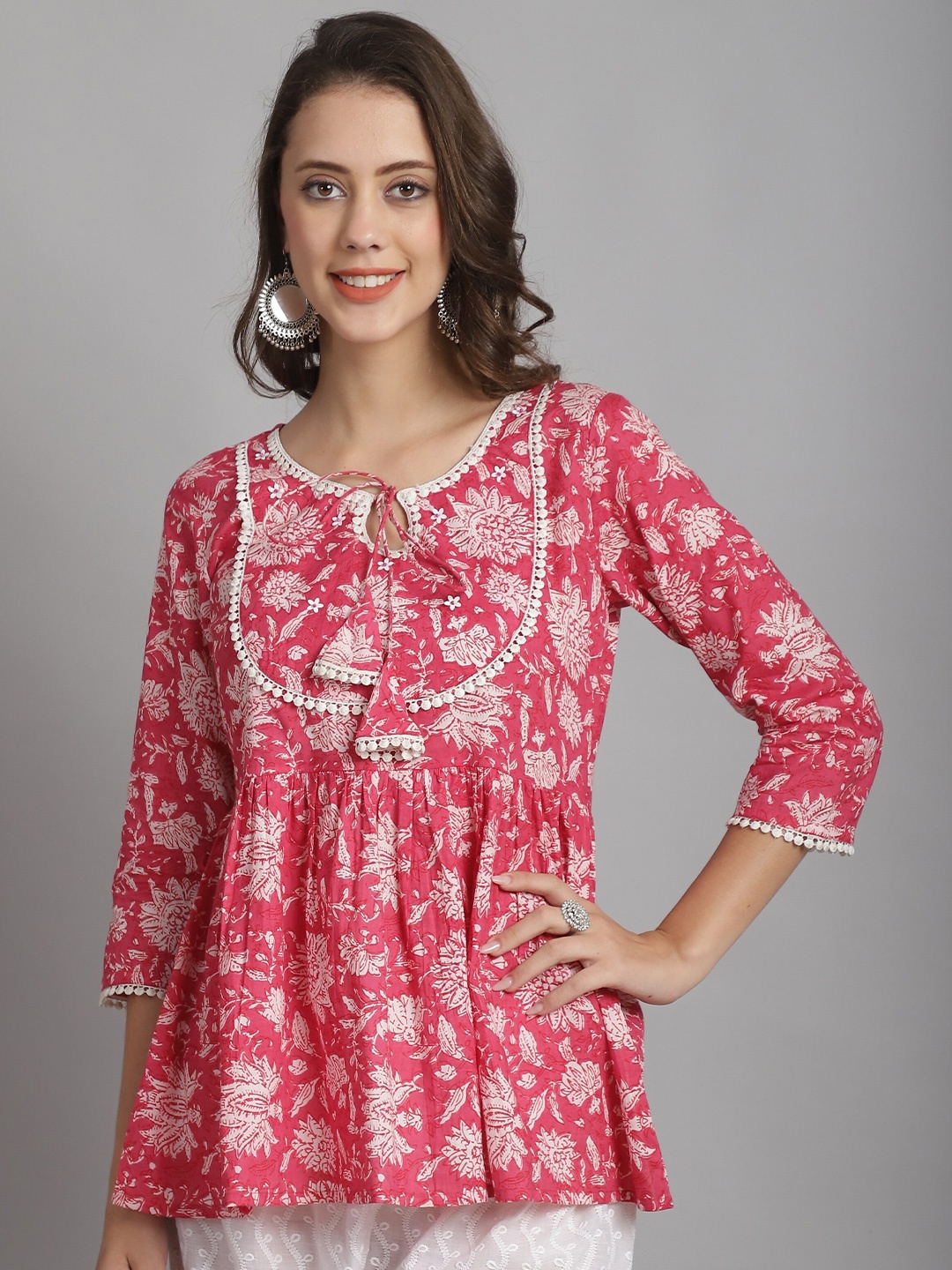 

Rajnandini Floral Print Tie-Up Neck A-Line Cotton Top, Pink