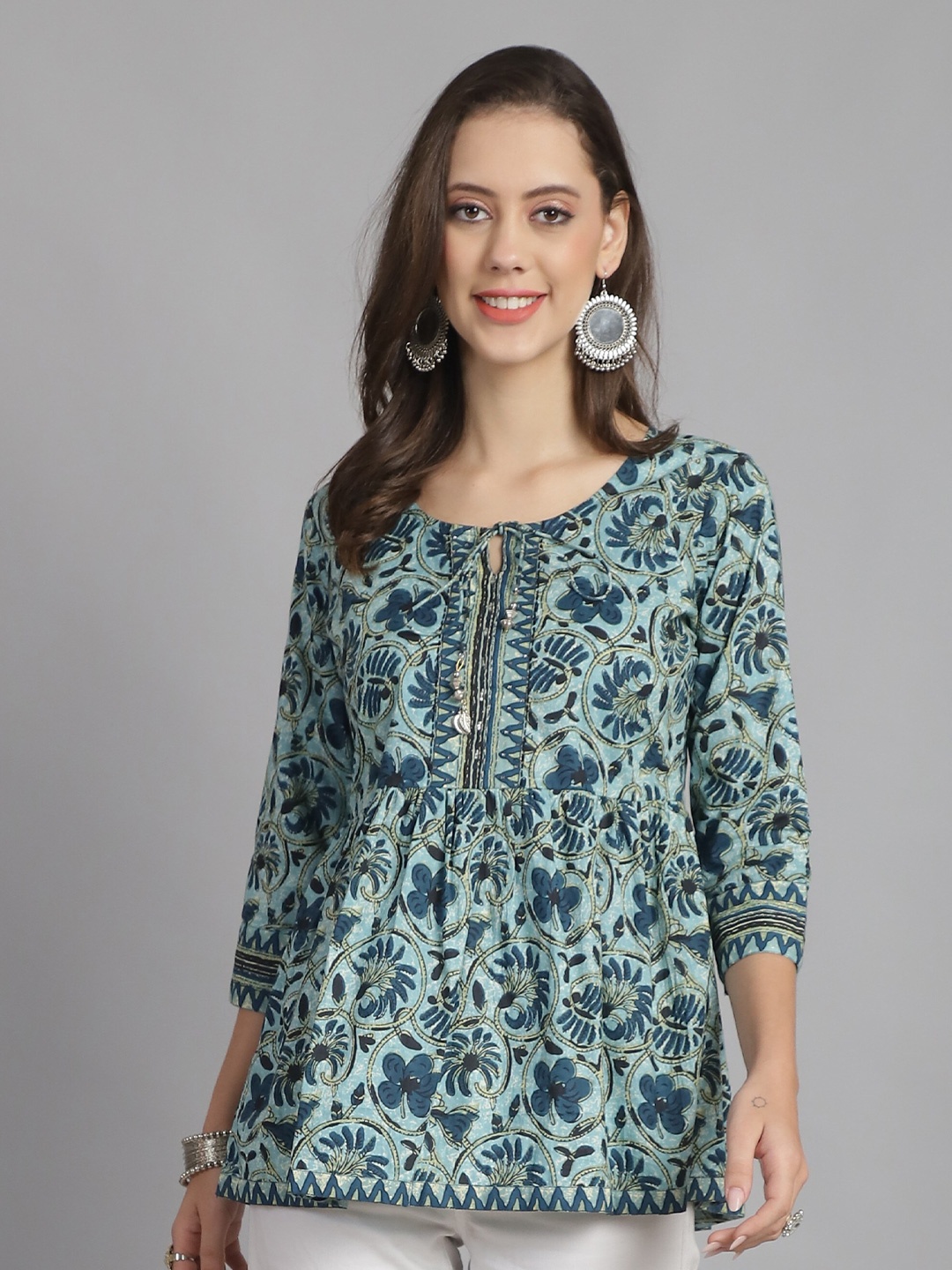 

Rajnandini Floral Print Tie-Up Neck Pure Cotton A-Line Top, Blue