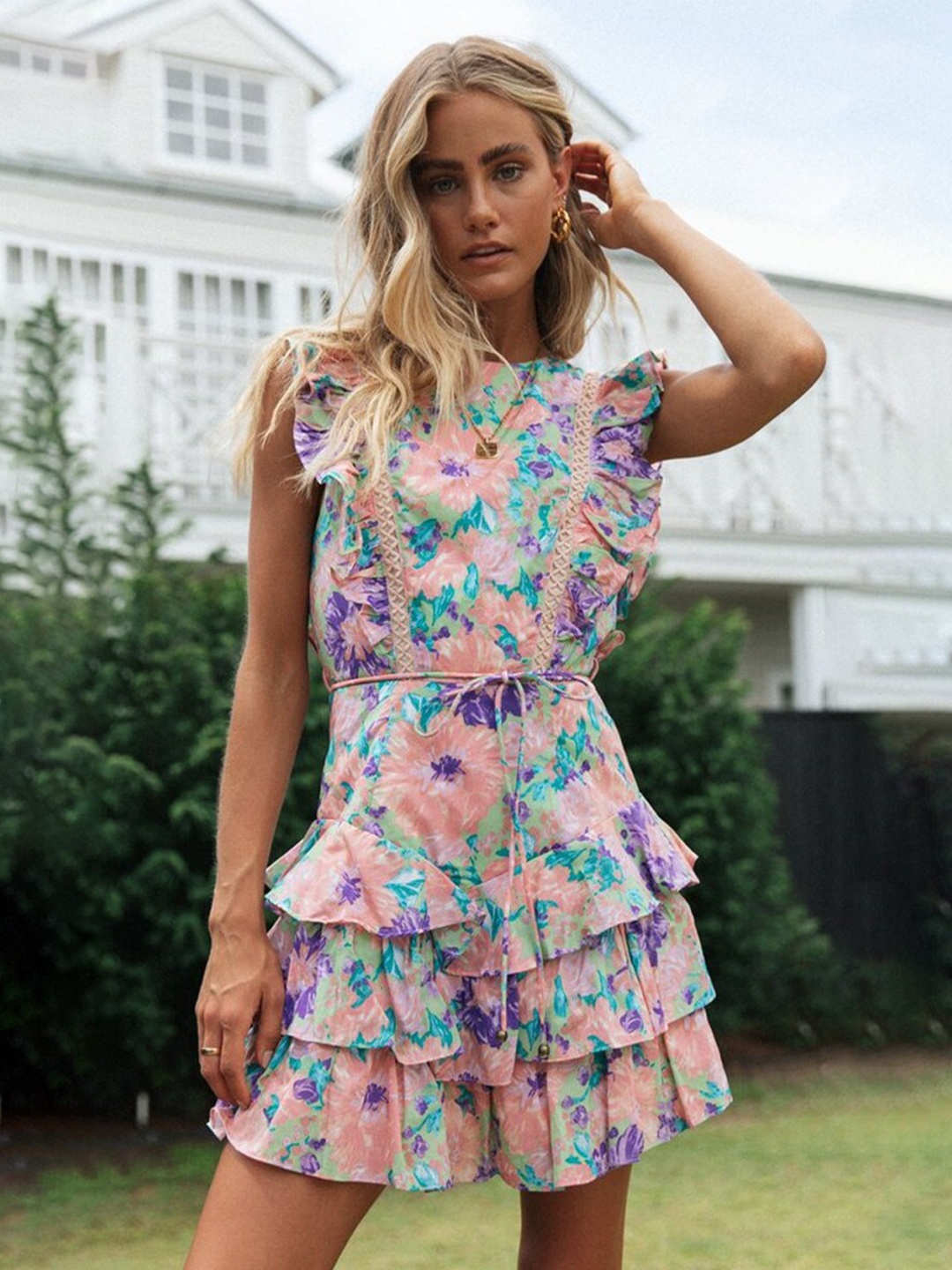 

StyleCast Peach & Purple Floral Print Flutter Sleeve Fit & Flare Dress