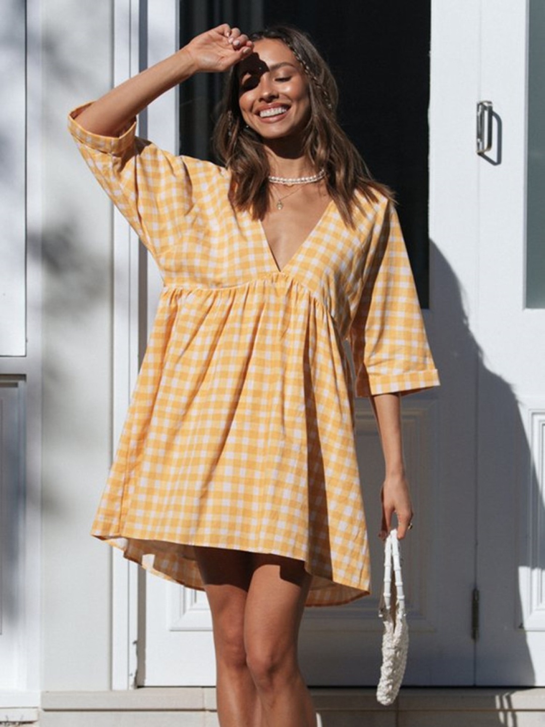 

StyleCast Yellow Checked V-Neck Cotton Fit & Flare Dress