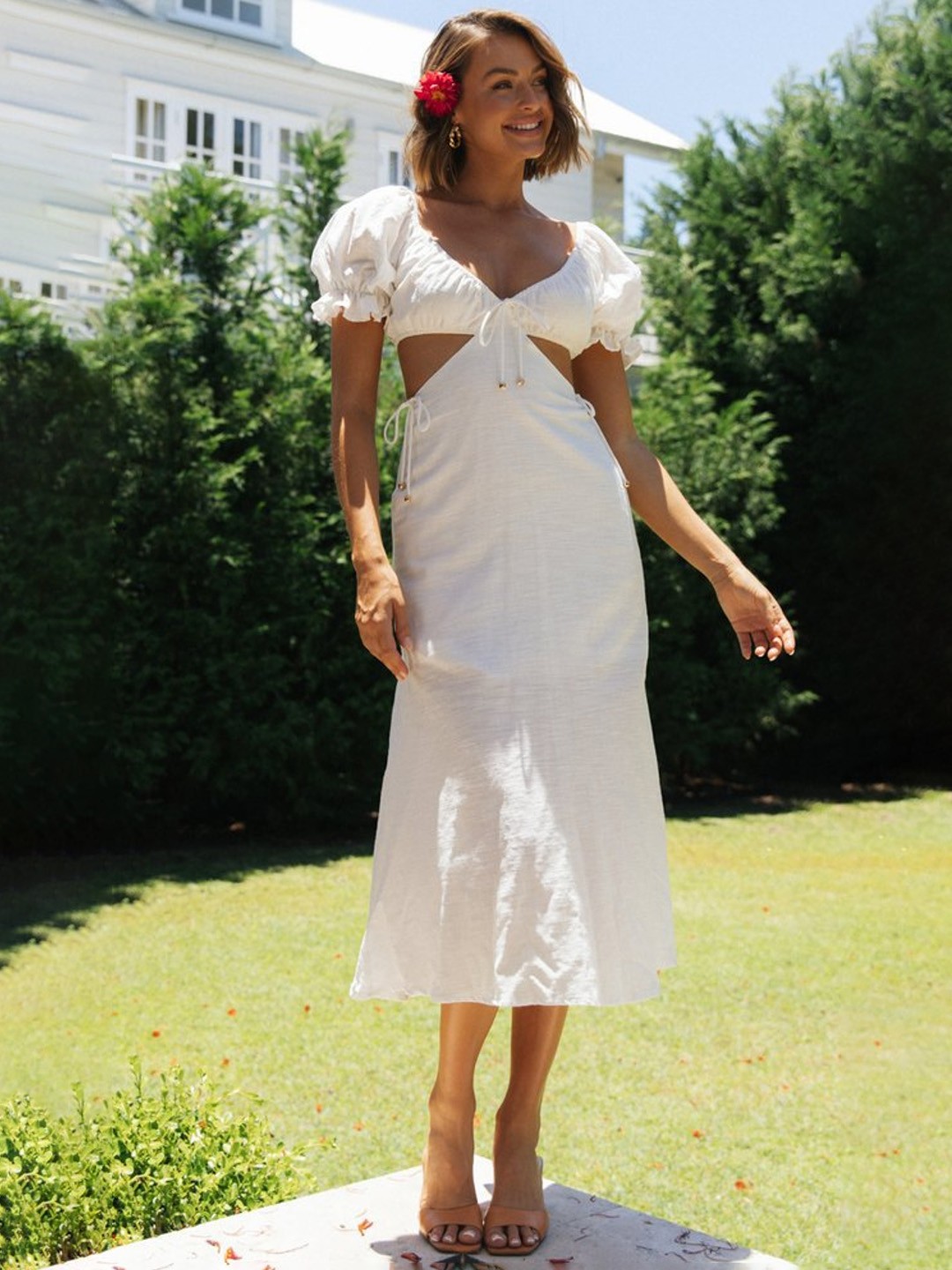 

StyleCast White Self Design V-Neck Puff Sleeves Cut-Outs Detail A-Line Midi Dress