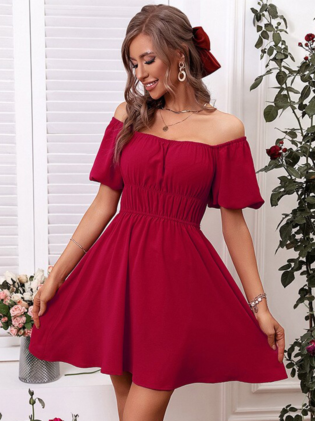 

StyleCast Maroon Off-Shoulder Fit & Flare Dress