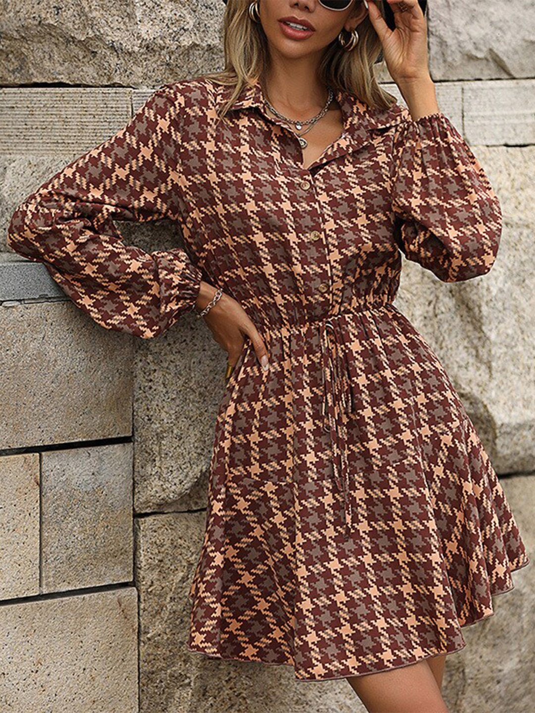 

StyleCast Brown Checked Puff Sleeve A-Line Dress