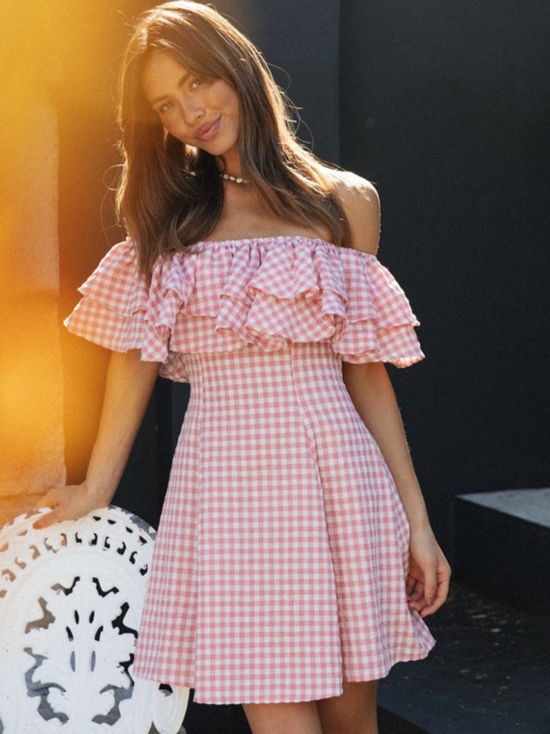 

StyleCast Pink Checked Off-Shoulder Fit & Flare Dress