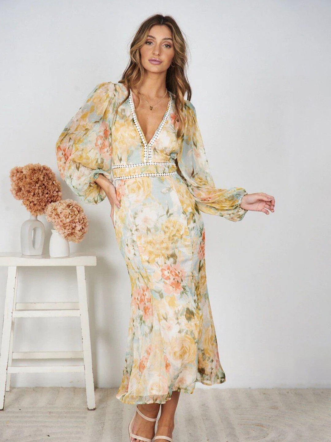 

StyleCast Grey & Yellow Floral Printed Chiffon A-Line Dress