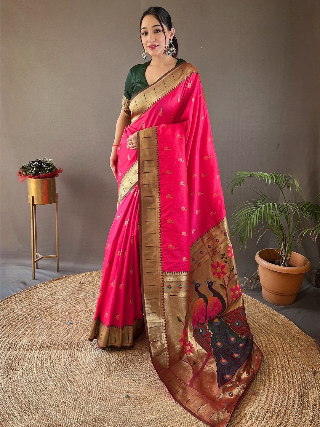 

Mitera Ethnic Motifs Woven Design Zari Paithani Saree, Pink