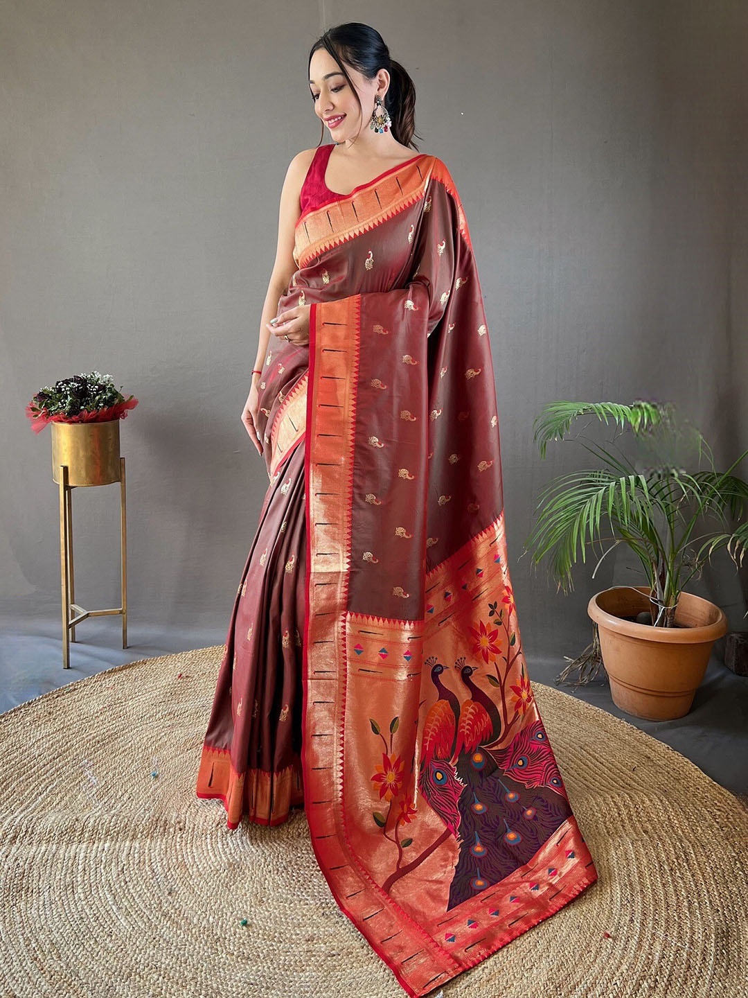 

Mitera Ethnic Motifs Woven Design Zari Paithani Saree, Brown