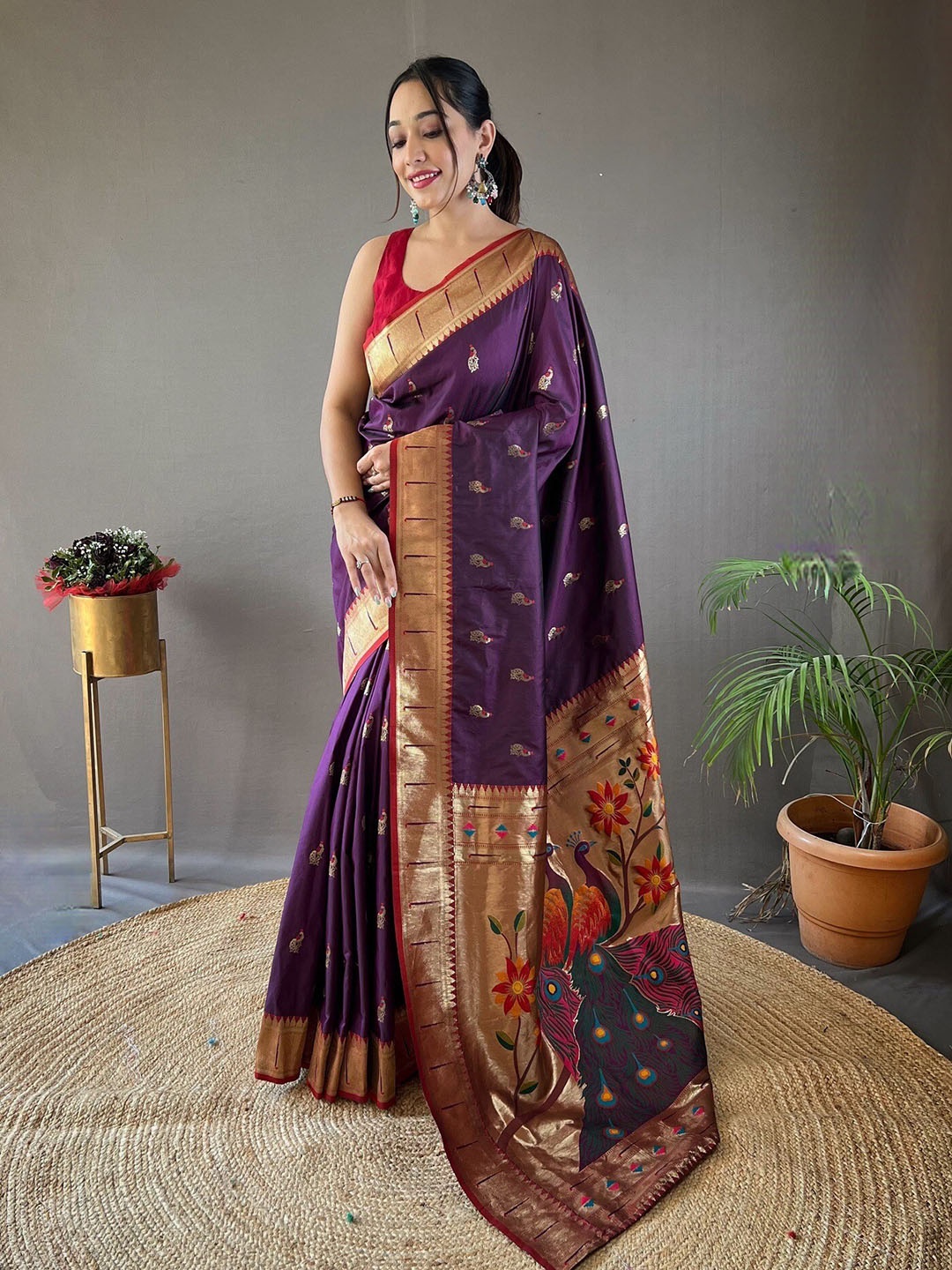 

Mitera Ethnic Motifs Woven Design Paithani Silk Saree, Purple