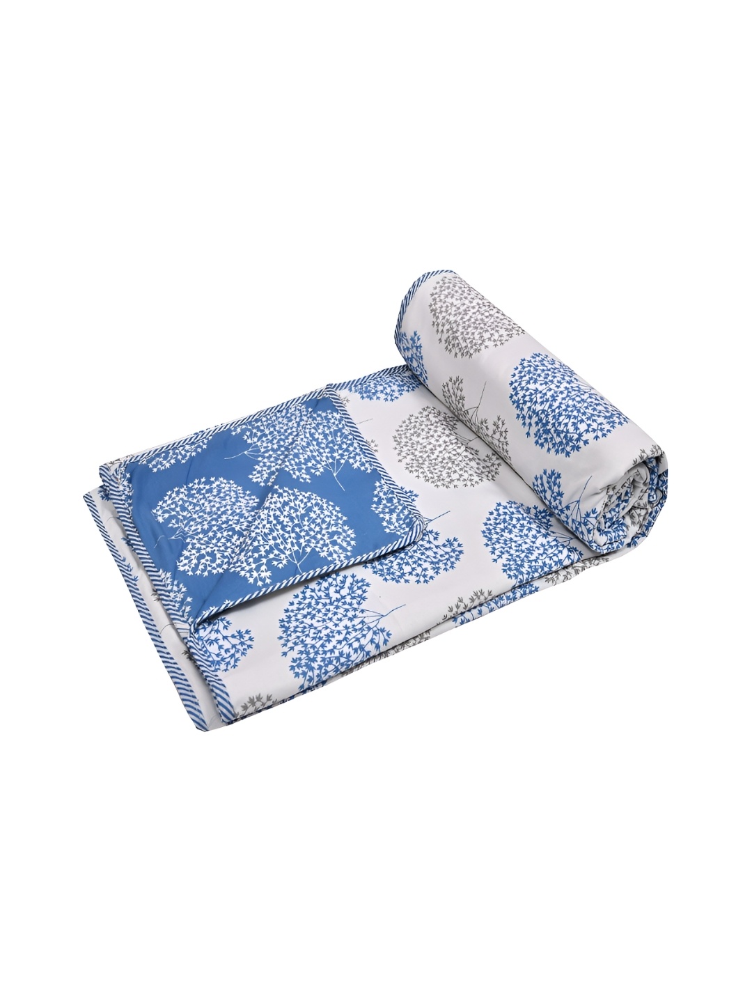 

CHICERY White & Blue Floral Cotton AC Room 210 GSM Double Bed Reversible Dohar