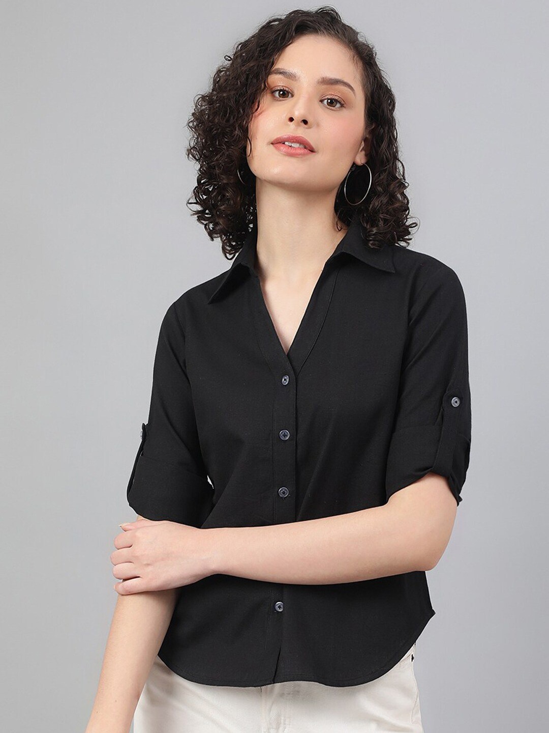 

Fab Star Classic Regular Fit Roll-Up Sleeves Casual Shirt, Black