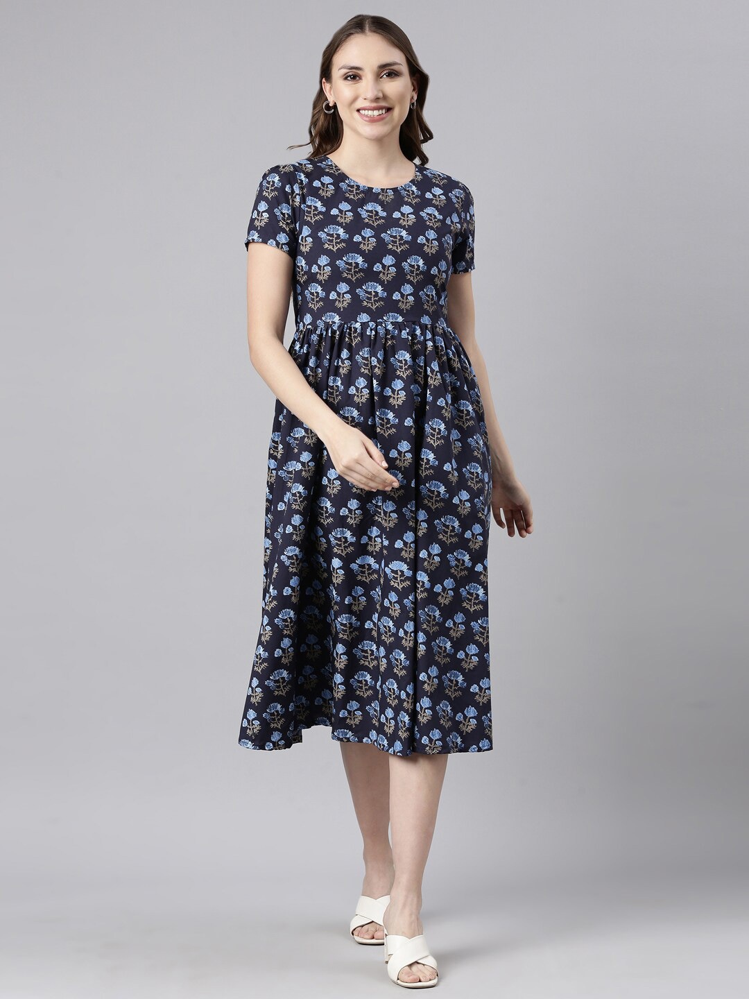 

TWIN BIRDS Floral Printed Pure Cotton Fit & Flare Midi Dress, Blue