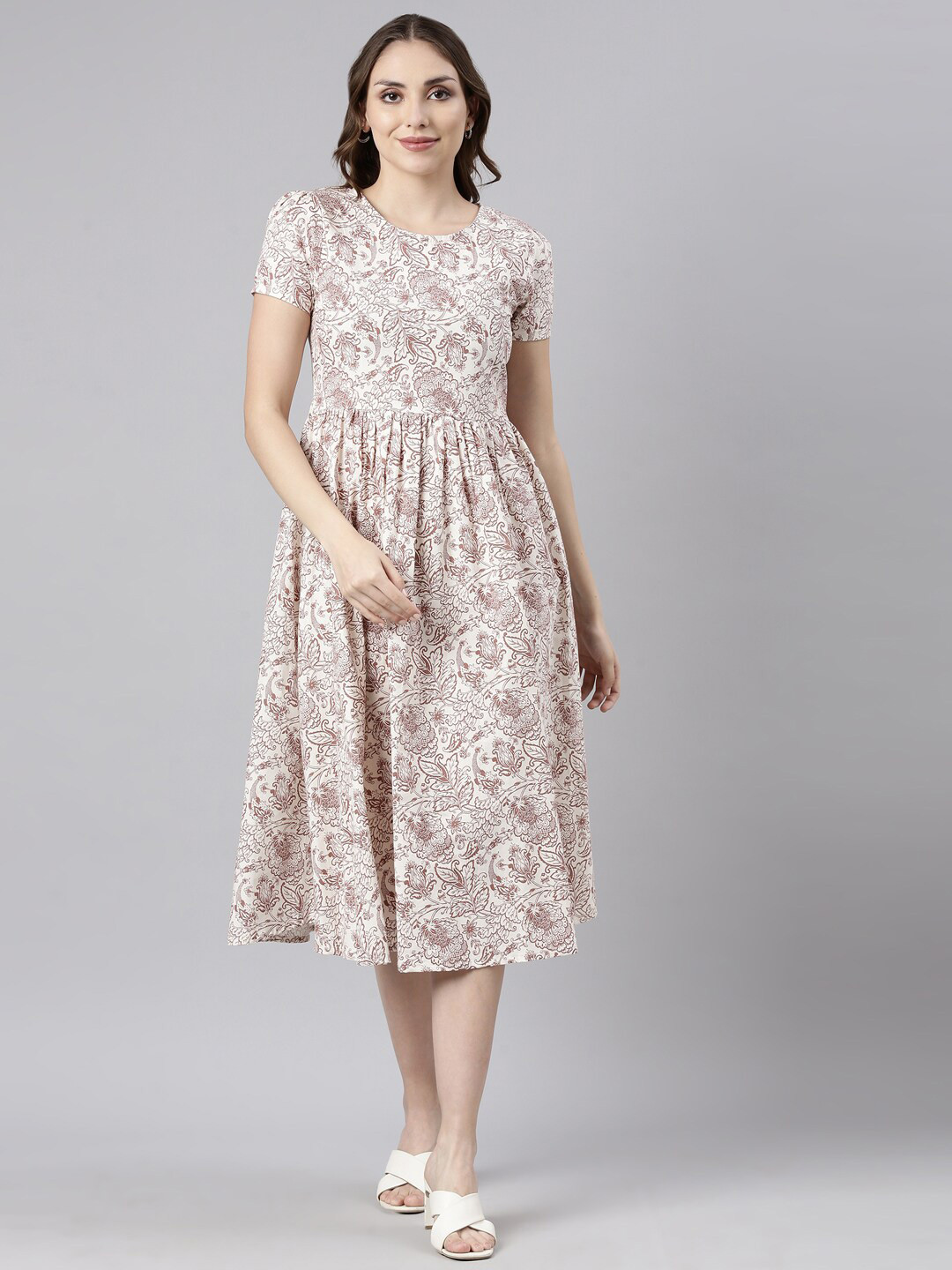 

TWIN BIRDS Floral Printed Cotton Fit & Flare Midi Dress, White