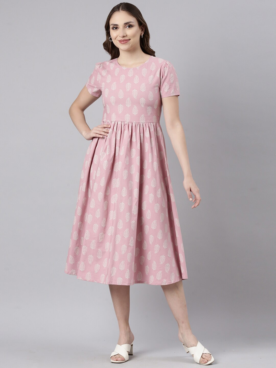 

TWIN BIRDS Ethnic Motifs Printed Cotton Fit & Flare Midi Dress, Pink