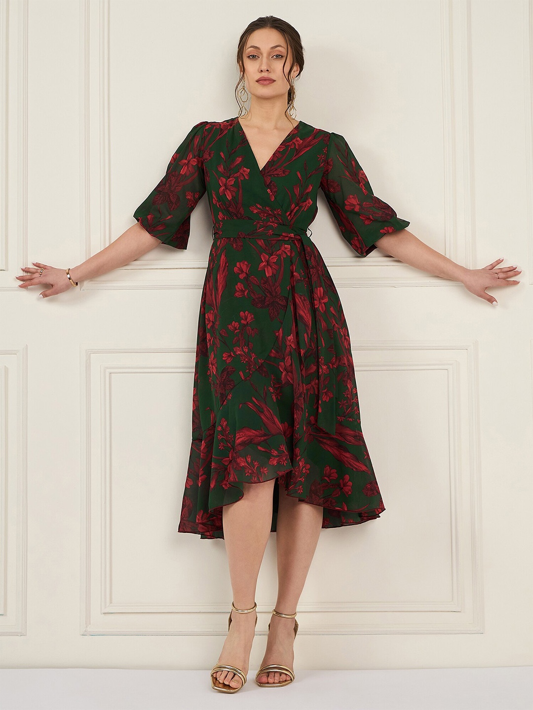 

Antheaa Floral Printed Asymmetric Layered Georgette Wrap Midi Dress, Green