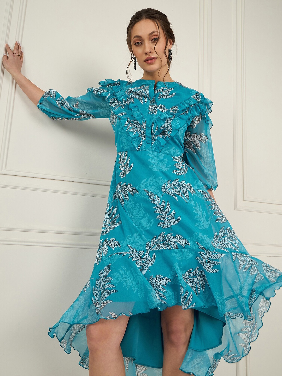 

Antheaa Floral Printed Puff Sleeves Ruffled High Low Chiffon A-Line Maxi Dress, Blue